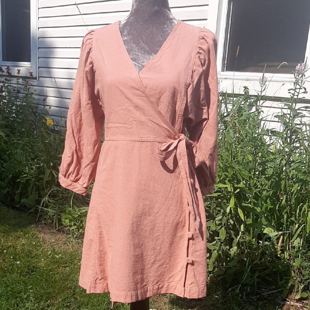 Moon🌛RiverCOTTON Dusty🎀PinkLong Sleeve Wrap Dress SIZE L Mini
